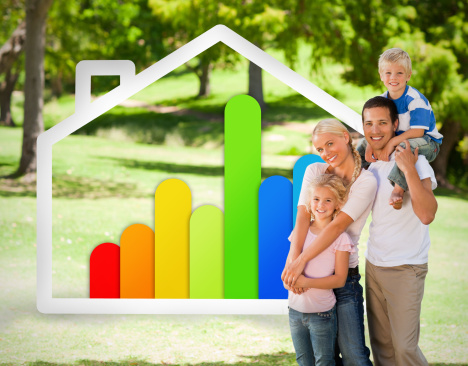 Happy family near to an energy effiecient house illustration