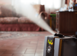 Air Purifier releasing spray with brown sofa and flooring in background
