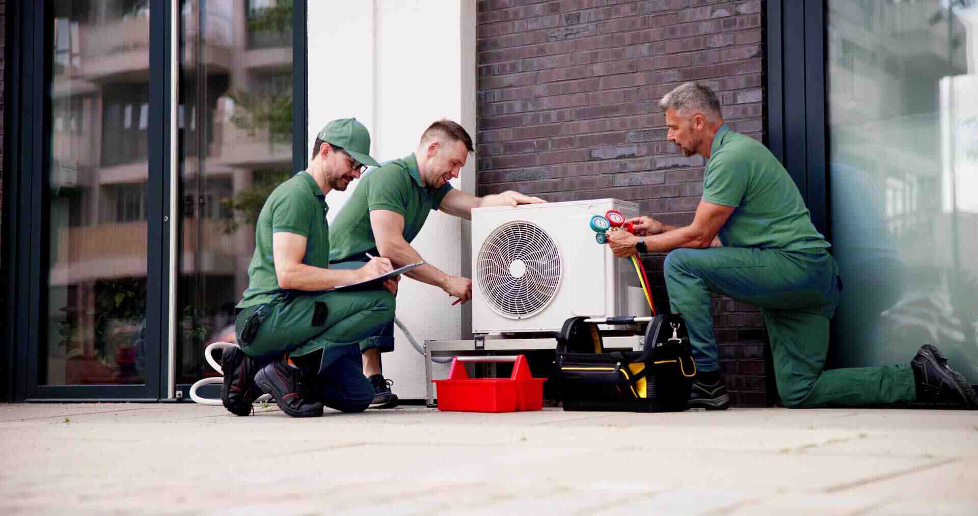 Valley Comfort team repairing an air conditioner together.
